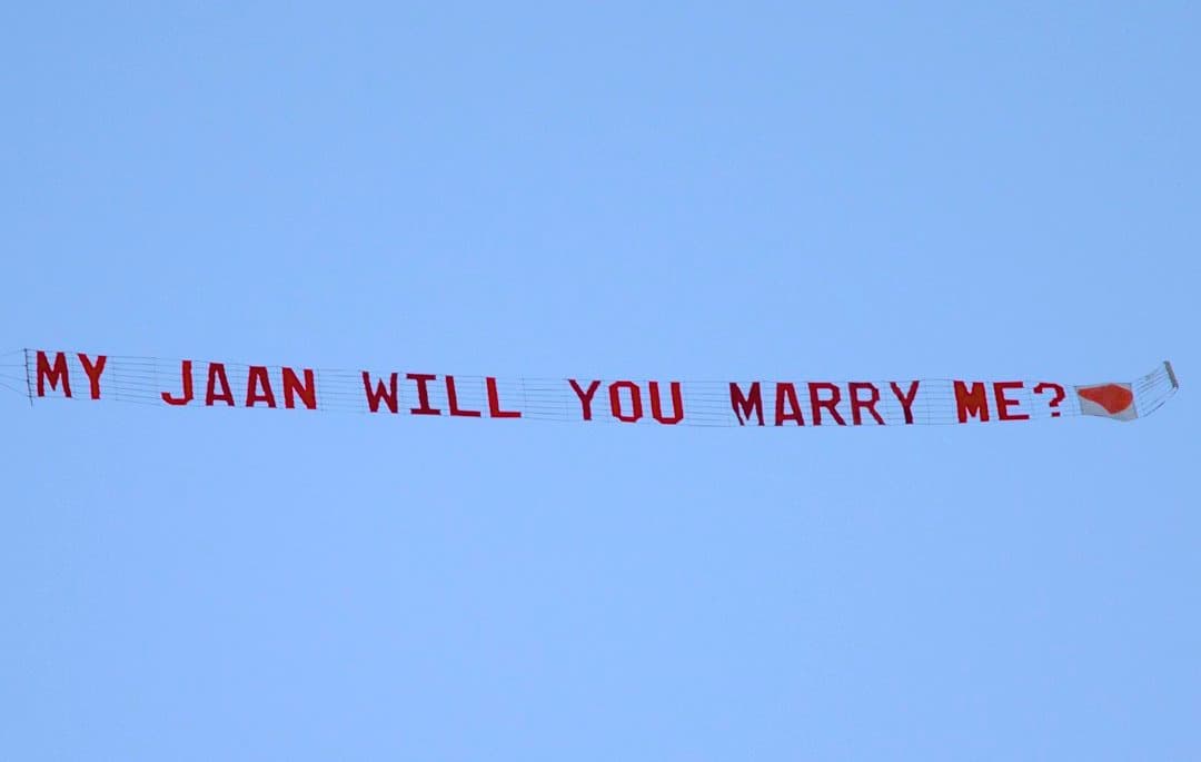 Letter banner in the sky — MY JAAN WILL YOU MARRY ME?